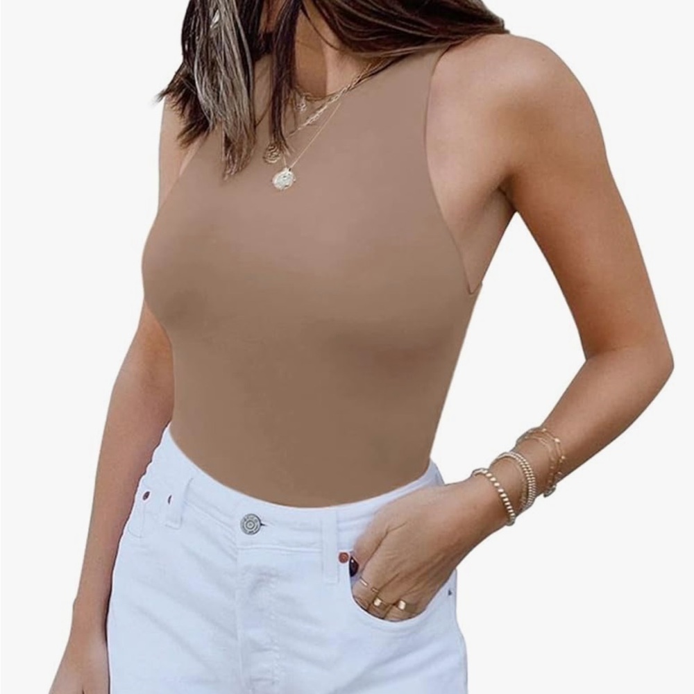 ReoRia High Neck Racerback Sleeveless Bodysuit Tank Top Khaki Tan Brown Size XL